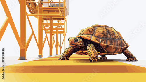 A digital illustration depicts a tortoise walking across a yellow surface in an industrial setting.  The tortoise is large and detailed, positioned in the foreground.?A section of a yellow