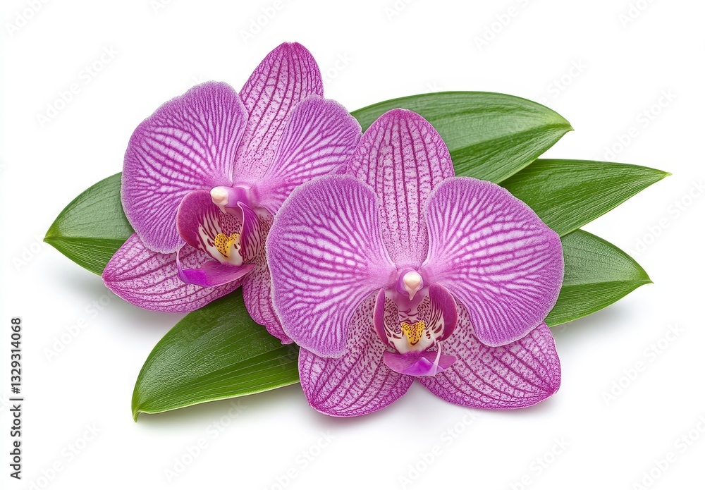 Fototapeta premium Purple Orchids with Green Leaves on White Background