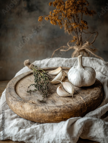 Fresh garlic and thyme resting on rustic wooden board, embracing culinary simplicity