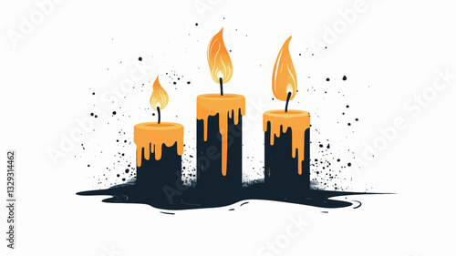 A digital illustration depicting three candles of varying heights. The candles are dark-colored with yellow/orange flames and dripping wax. The wax appears to pool at the base of the candles. The