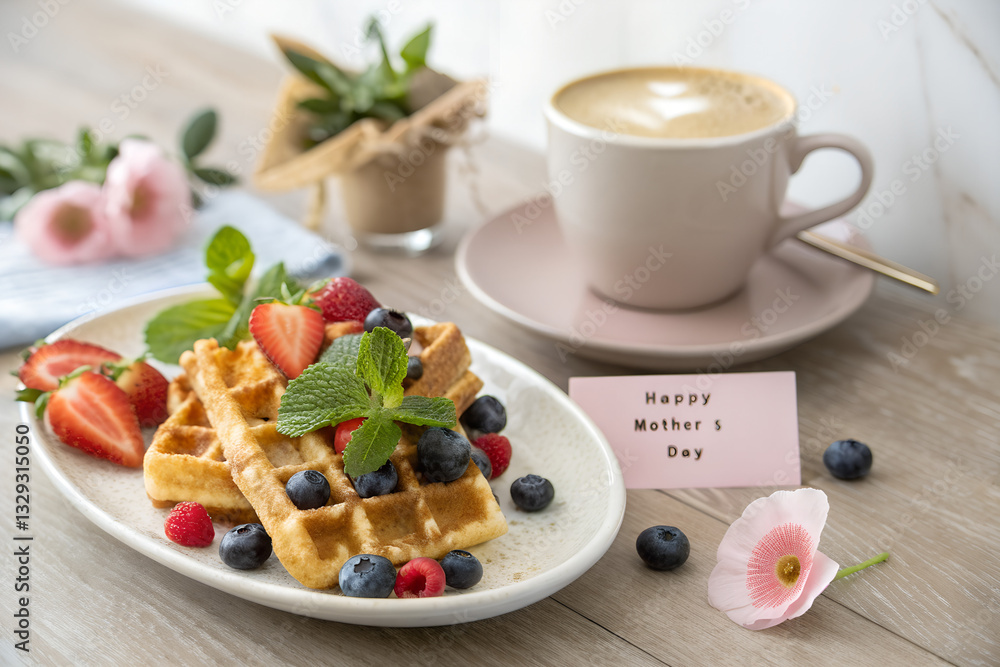 Mother’s Day breakfast with golden waffles, fresh strawberries, blueberries, raspberries, mint leaves, and a cup of cappuccino on a rustic wooden table, cozy festive morning meal celebrating Mother’s Mother’s Day breakfast with golden waffles, fresh strawberries, blueberries, raspberries, mint leaves, and a cup of cappuccino on a rustic wooden table, cozy festive morning meal celebrating Mother’s