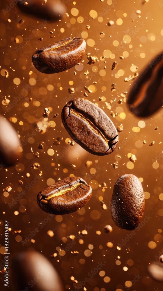 Suspended coffee beans in warm glow a dance of motion and depth Suspended coffee beans in warm glow a dance of motion and depth