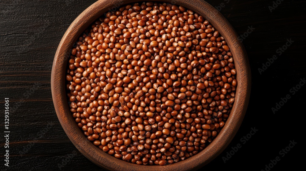 Close-up of brown seeds in a wooden bowl Close-up of brown seeds in a wooden bowl