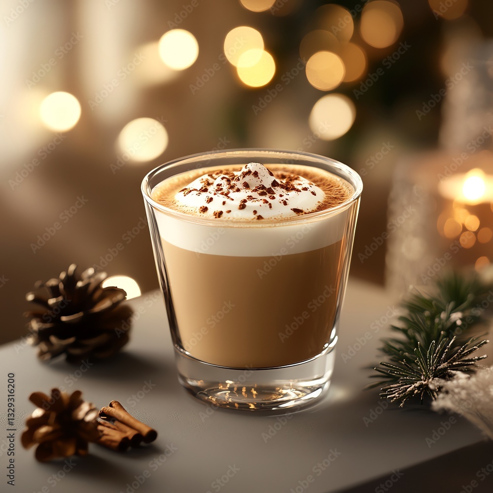 Festive holiday coffee with whipped cream and spices in a cozy setting Festive holiday coffee with whipped cream and spices in a cozy setting