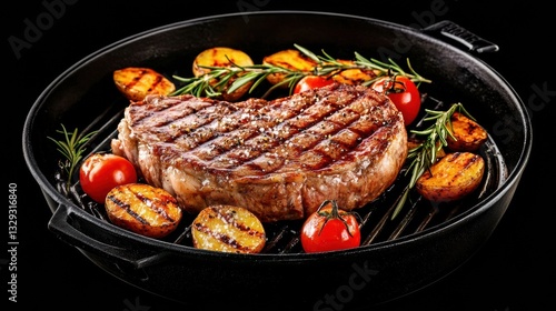 Grilled steak with roasted vegetables on a black pan