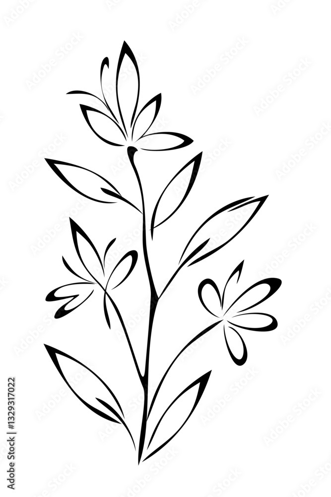 decorative twig with stylized flowers and leaves; graphic design decorative twig with stylized flowers and leaves; graphic design