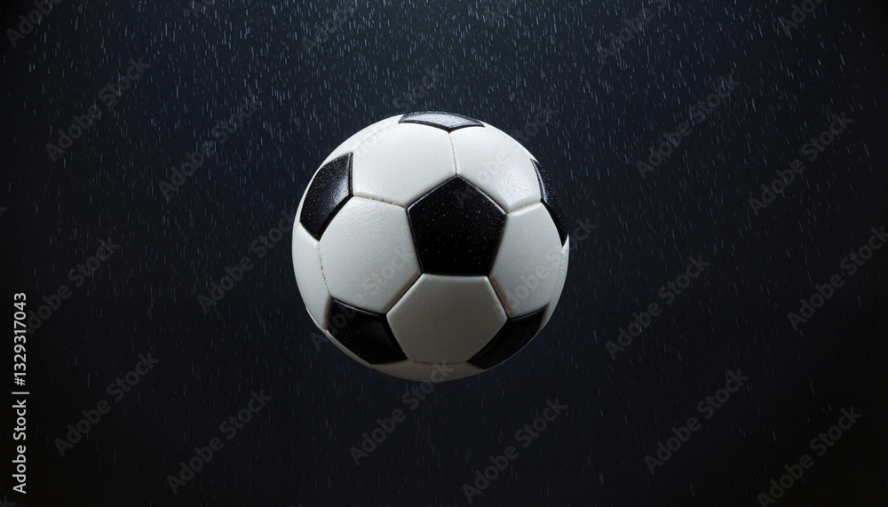 Fototapeta premium Football suspended mid-air in a torrential rain, showcasing motion and intensity