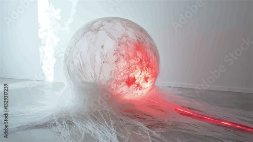 Close-up view of a large, translucent sphere illuminated from within with a red light.  The sphere appears to be resting on a surface, with long, thin white fibers emanating outwards, creating a