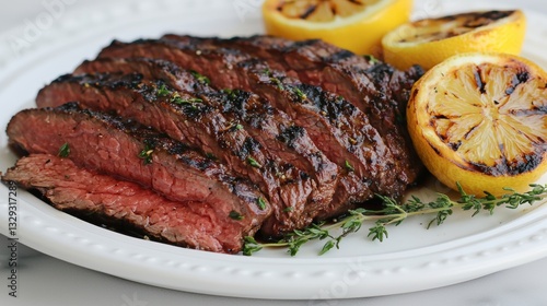 Juicy flank steak with crisp grill marks