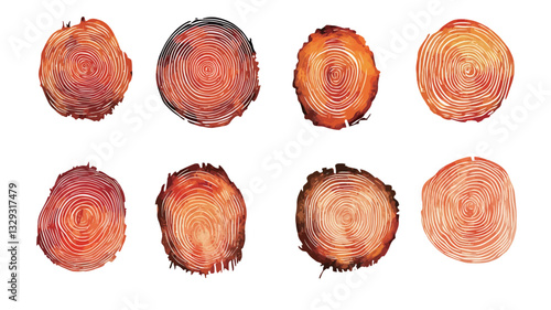 The image shows eight individual watercolor paintings of tree rings, displayed against a white background. Each circular depiction showcases a unique variation in color and wood grain detail within