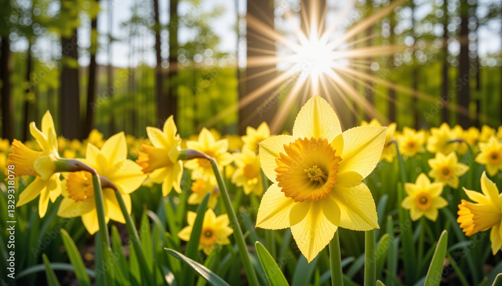 Bright daffodils under sunlight in a vibrant spring garden, embodying the cheerful essence of the season Bright daffodils under sunlight in a vibrant spring garden, embodying the cheerful essence of the season