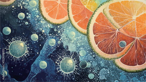 A close-up digital painting or illustration depicting sliced citrus fruits �C oranges, grapefruits, and possibly limes �C arranged in a dynamic composition. The fruits are highly saturated and