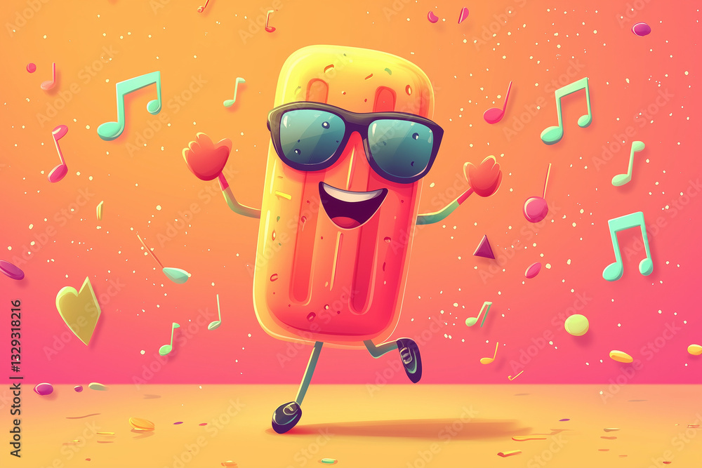 Fototapeta premium Cartoon Popsicle with Sunglasses, Dancing, Music Notes, and Colorful Background