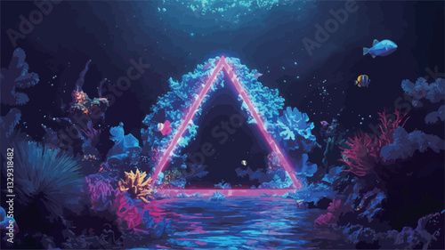 Digital artwork depicting a luminous pink and purple neon triangle frame submerged in an underwater environment. The triangle appears as a portal, surrounded by stylized coral, bioluminescent