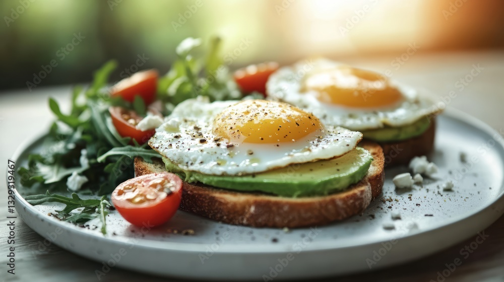 Avocado toast on Sourdough with egg tomato feta olive oil in commercial kitchen studio Avocado toast on Sourdough with egg tomato feta olive oil in commercial kitchen studio