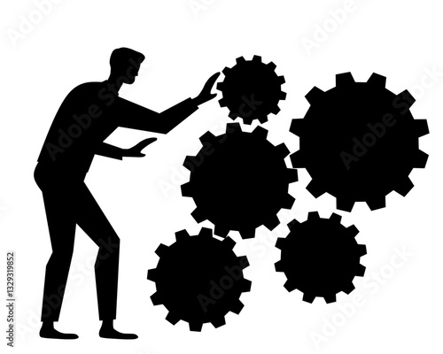 Silhouette of a businessman adjusting multiple gears, symbolizing teamwork, strategy, problem-solving, and engineering. Suitable for concepts related to business, industry, and workflow optimization.