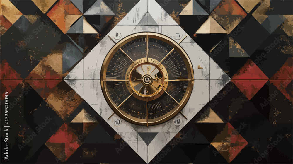 Obraz premium The image is a digital illustration featuring a symmetrical composition. A central circular mechanism with bronze-colored gears and a gold-toned frame is prominently displayed against a background