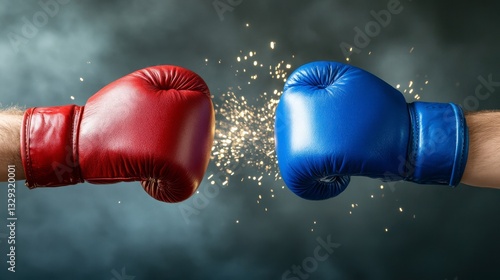 Red and Blue Boxing Gloves Clashing with Sparks in Dramatic Dark Setting