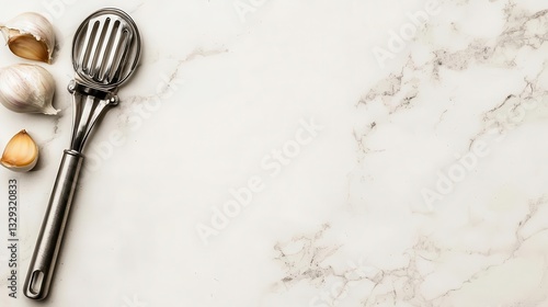 Topdown view of a garlic press, modern kitchen gadget, sitting on a clean white surface
