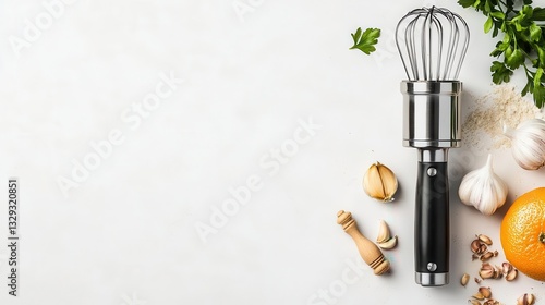 Topdown view of a garlic press, modern kitchen gadget, sitting on a clean white surface