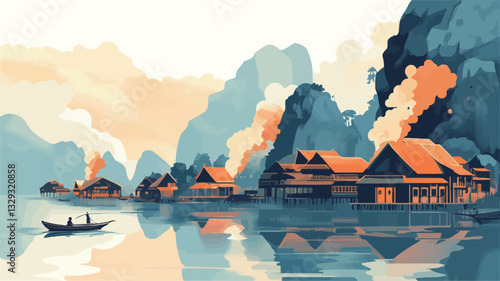 A digital illustration depicting a lakeside village nestled amongst teal and blue mountains. The scene is bathed in the soft light of dawn or sunrise, with a misty atmosphere.  Houses with orange