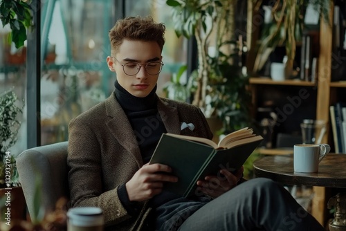 Young Man Reading a Book in a Sunlit Cafe
