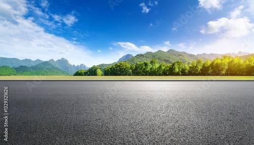  Asphalt road square and green forest with mountain natural landscape under blue sky