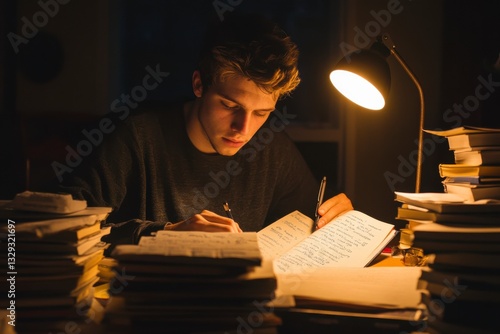 Young Man Studying Late at Night Surrounded by Books and Papers under Warm Desk Lamp