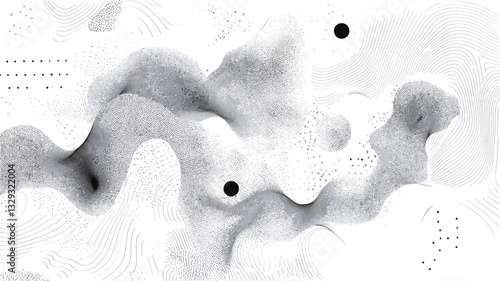 The image presents an abstract grayscale texture composed primarily of flowing, organic forms in shades of gray against a white background.  The forms are fluid and dynamic, creating a sense of