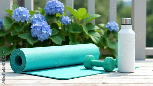 Sports mat, dumbbells and water bottle on spring flowers background