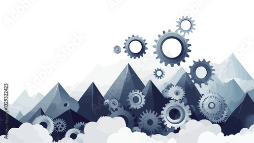 The image is an abstract illustration featuring stylized mountains rendered in shades of dark blue and grey, situated atop a layer of white clouds.  Several metallic-grey gears of varying sizes are