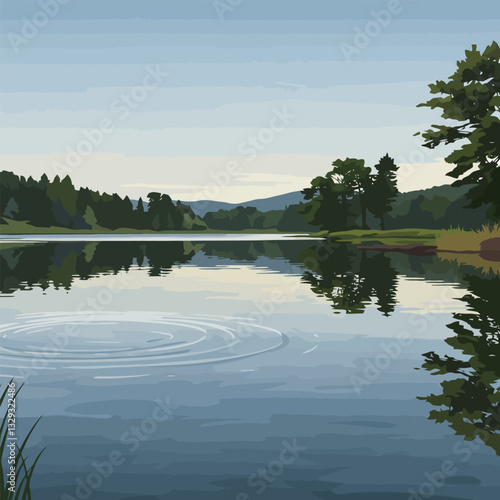 Still Lake Reflecting Green Trees and Distant Mountains on Calm Day