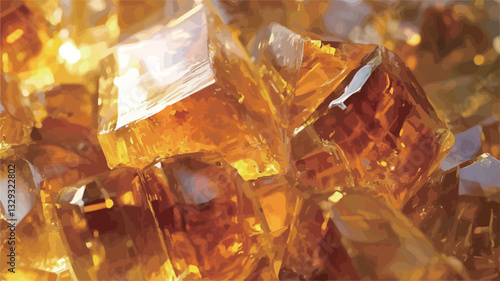 Close-up macro photograph of numerous amber-colored crystals.  The image showcases the crystalline structure, with individual crystals exhibiting facets and varying degrees of light reflection and