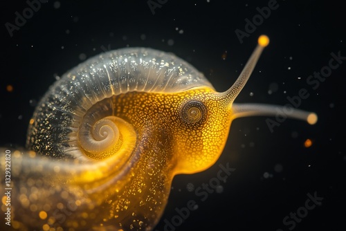 A detailed close-up of a snail shell, showing its spiral structure and tiny ridges under magnification