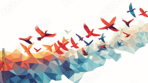 The image depicts a flock of stylized birds in flight, rendered in a low-poly or polygonal art style.  The birds are predominantly red, orange, and blue, with some white accents, and are arranged