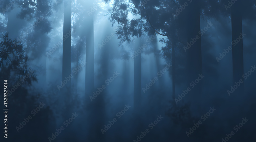 Dense fog fills a dark forest as shafts of light pierce through the treetops at twilight Dense fog fills a dark forest as shafts of light pierce through the treetops at twilight