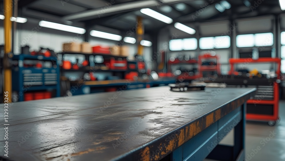 Fototapeta premium Industrial mechanic space with rugged workbench in sharp focus.