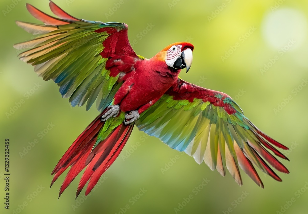 Fototapeta premium Red And Green Macaw In Flight Against Green Blurred Background