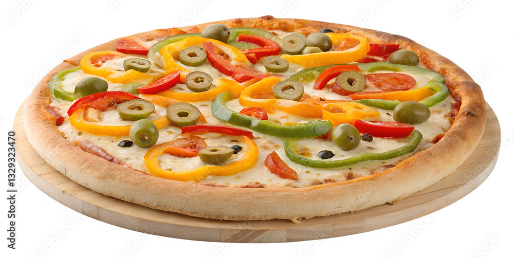 Veggie pizza topped with colorful bell peppers and olives on a wooden board, perfect for a healthy meal PNG transparent stickers, Veggie pizza topped with colorful bell peppers and olives on a wooden board, perfect for a healthy meal PNG transparent stickers,