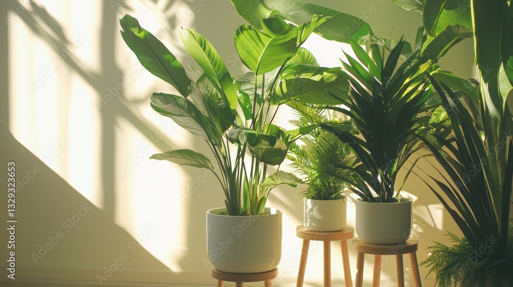 Tropical houseplants in white planters on wooden stands in sunlit room Tropical houseplants in white planters on wooden stands in sunlit room