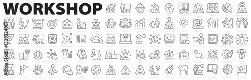 Workshop big icon set. Team building, collaboration, teamwork, coaching, problem-solving, education, training, business, partnership, goals, coaching and more. Vector illustration