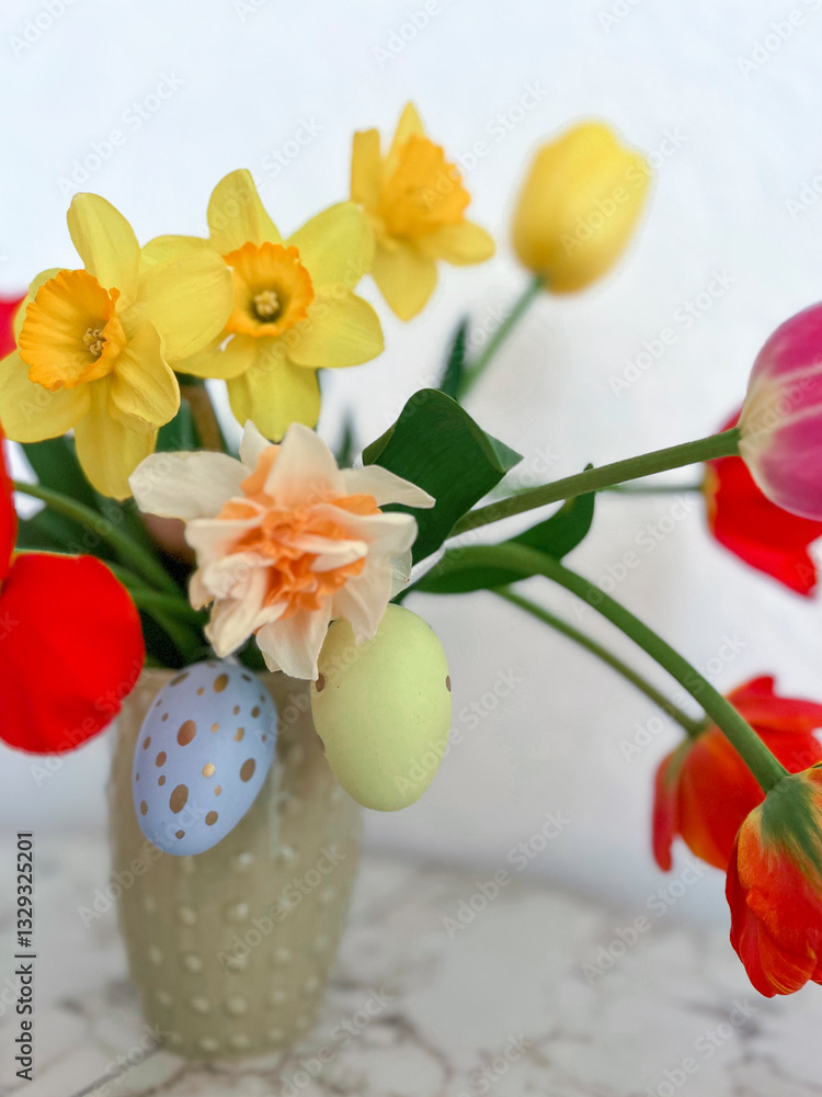 An Easter card. Colorful bright tulips decorated with eggs are in a vase on the table next to colorful eggs. Vertical photography