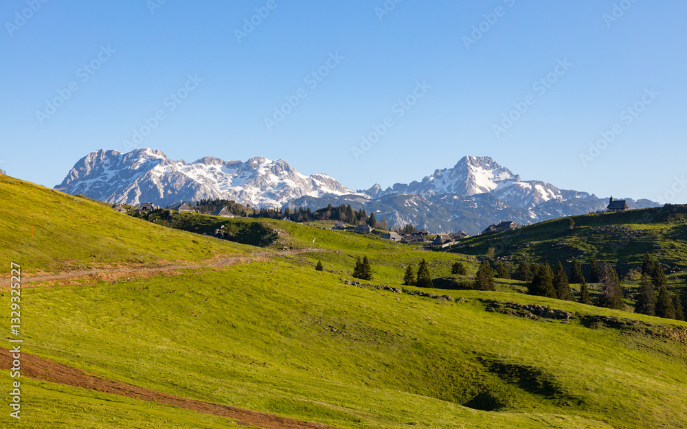 View of alpine pasture and mountain landscape with Grintovec under a clear blue sky, Velika Planina, Ljubljana region, Slovenia. View of alpine pasture and mountain landscape with Grintovec under a clear blue sky, Velika Planina, Ljubljana region, Slovenia.