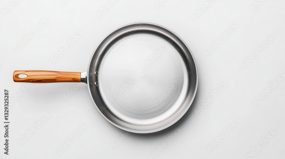 Topdown view of a stainless steel frying pan with a wooden handle, minimal design, white backdrop Topdown view of a stainless steel frying pan with a wooden handle, minimal design, white backdrop