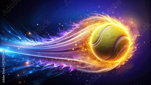 High-speed tennis ball moving in a mesmerizing spiral motion against a dark blue-purple background with swirling magical flames and sparkling lights, light, fast-paced action