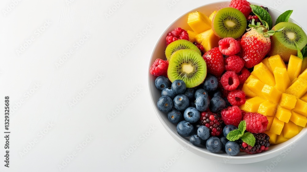Colorful Fruit Salad in White Bowl with Fresh Fruits and Berries Colorful Fruit Salad in White Bowl with Fresh Fruits and Berries