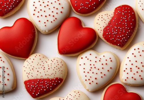 Red and White Heart Shaped Cookies with Sprinkles on White Background