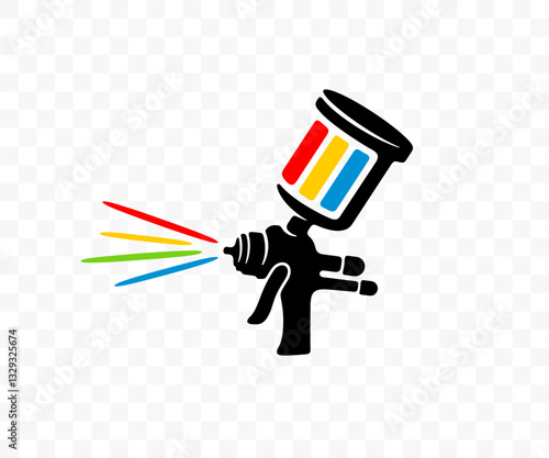 Hand holds paint sprayer or paint gun, spray gun with paint, graphic design. Painting, sprayer and airbrush, vector design and illustration