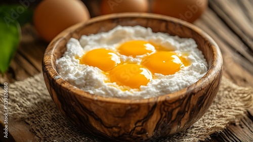 Wallpaper Mural Wooden bowl of flour with egg yolks, preparing for baking. Torontodigital.ca
