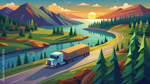 Aerial view of semi truck with cargo trailer on road curve at lake shore with green pine forest. Transportation background. Beautiful nature landscape at sunset in Republic of Karelia, 